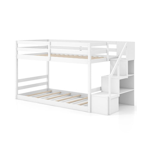 Twin Over Twin Low Bunk Bed With Storage Stairs, Solid Wood Frame, White