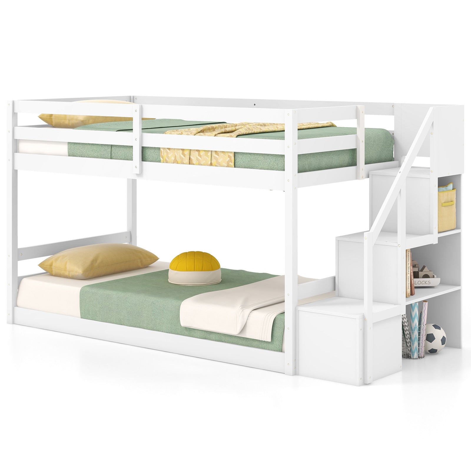 Twin Over Twin Low Bunk Bed With Storage Stairs, Solid Wood Frame, White Bunk Bed Frame at Gallery Canada