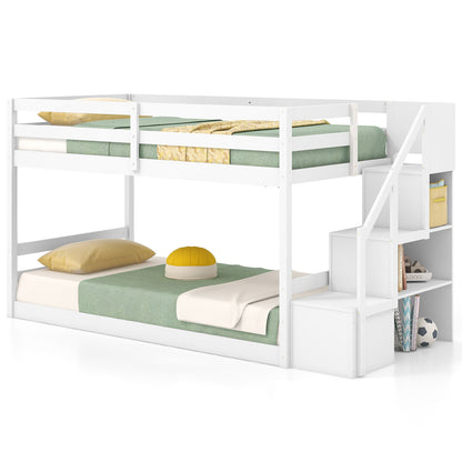 Twin Over Twin Low Bunk Bed With Storage Stairs, Solid Wood Frame, White Bunk Bed Frame at Gallery Canada