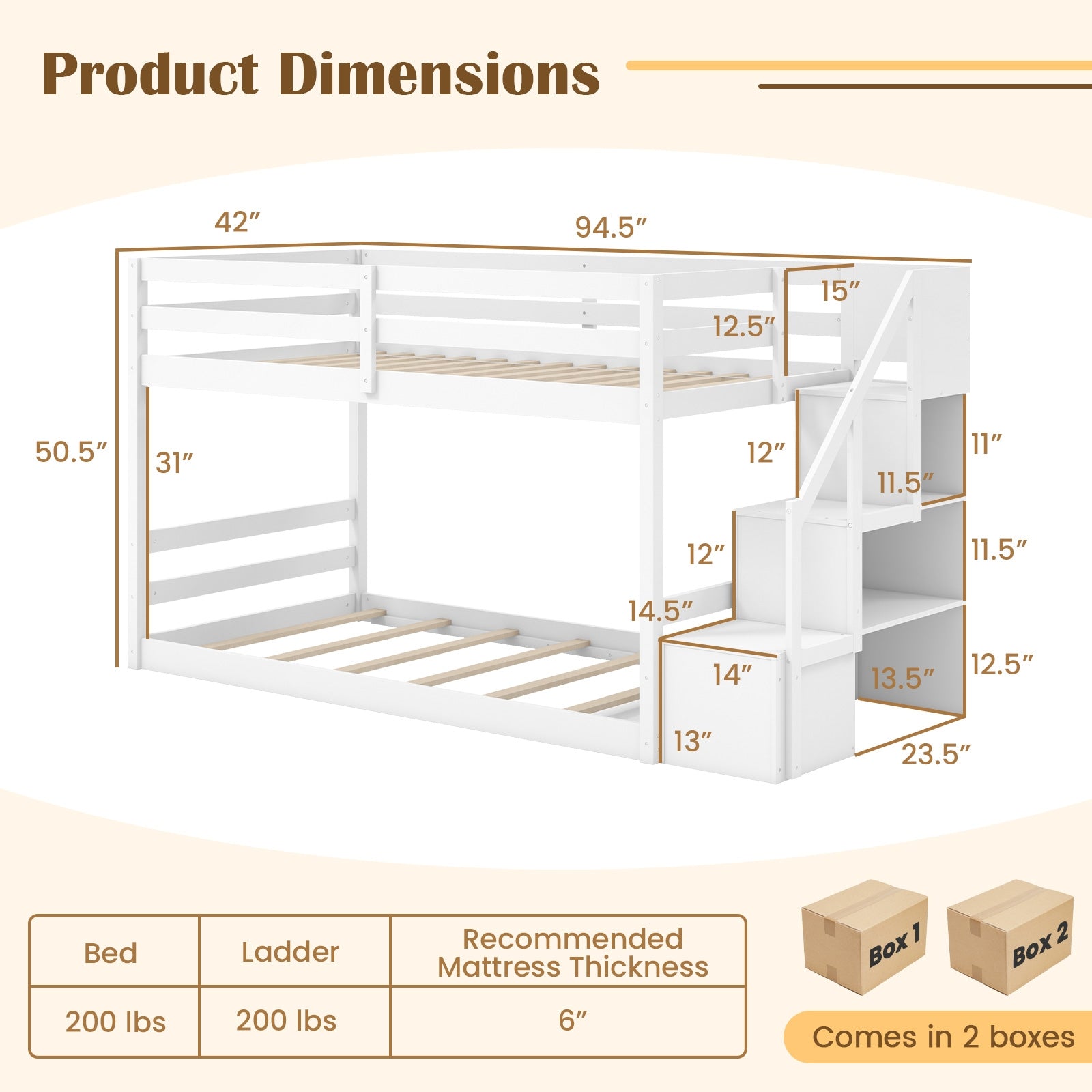 Twin Over Twin Low Bunk Bed With Storage Stairs, Solid Wood Frame, White Bunk Bed Frame at Gallery Canada