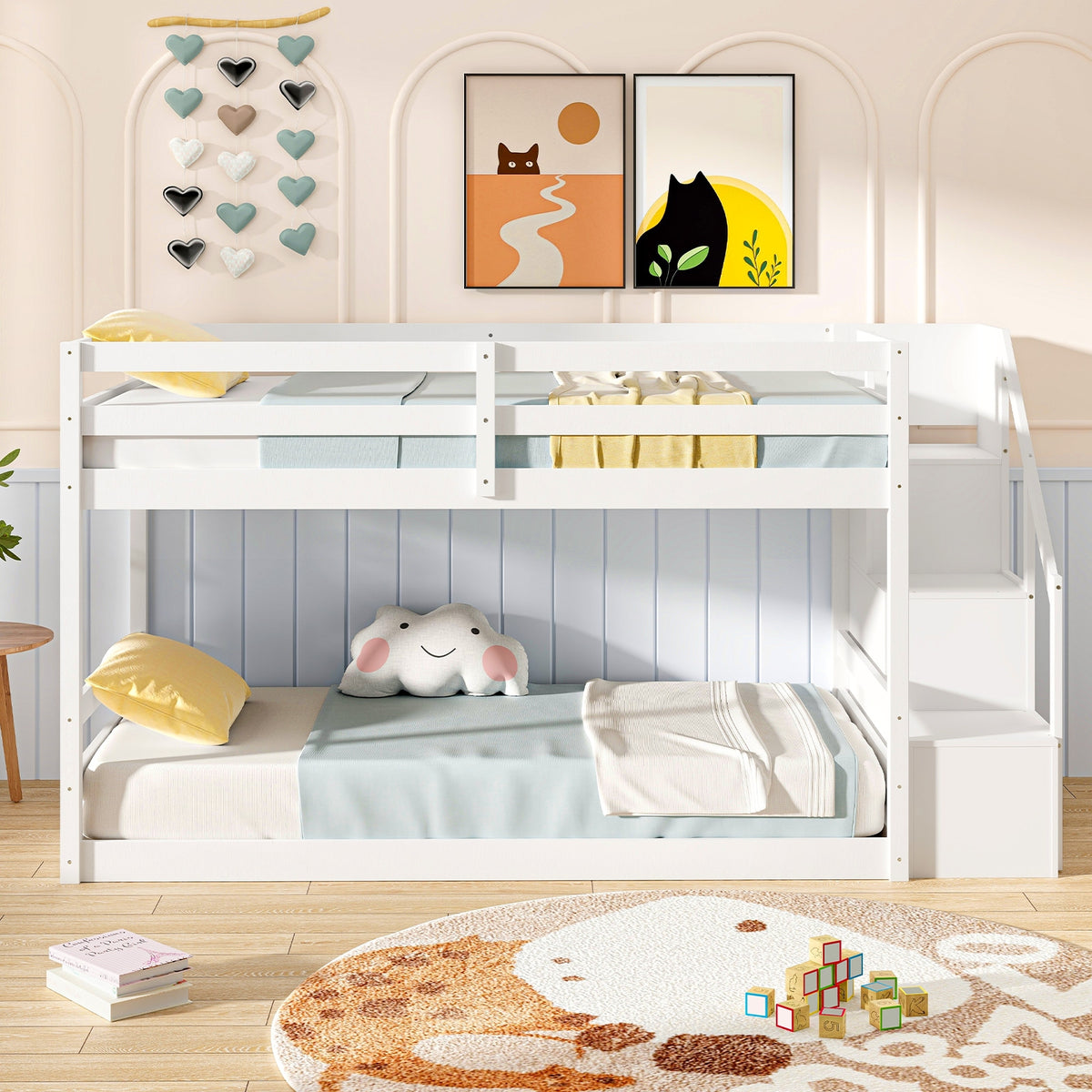 Twin Over Twin Low Bunk Bed With Storage Stairs, Solid Wood Frame, White Bunk Bed Frame at Gallery Canada