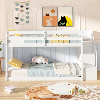 Twin Over Twin Low Bunk Bed With Storage Stairs, Solid Wood Frame, White Bunk Bed Frame at Gallery Canada