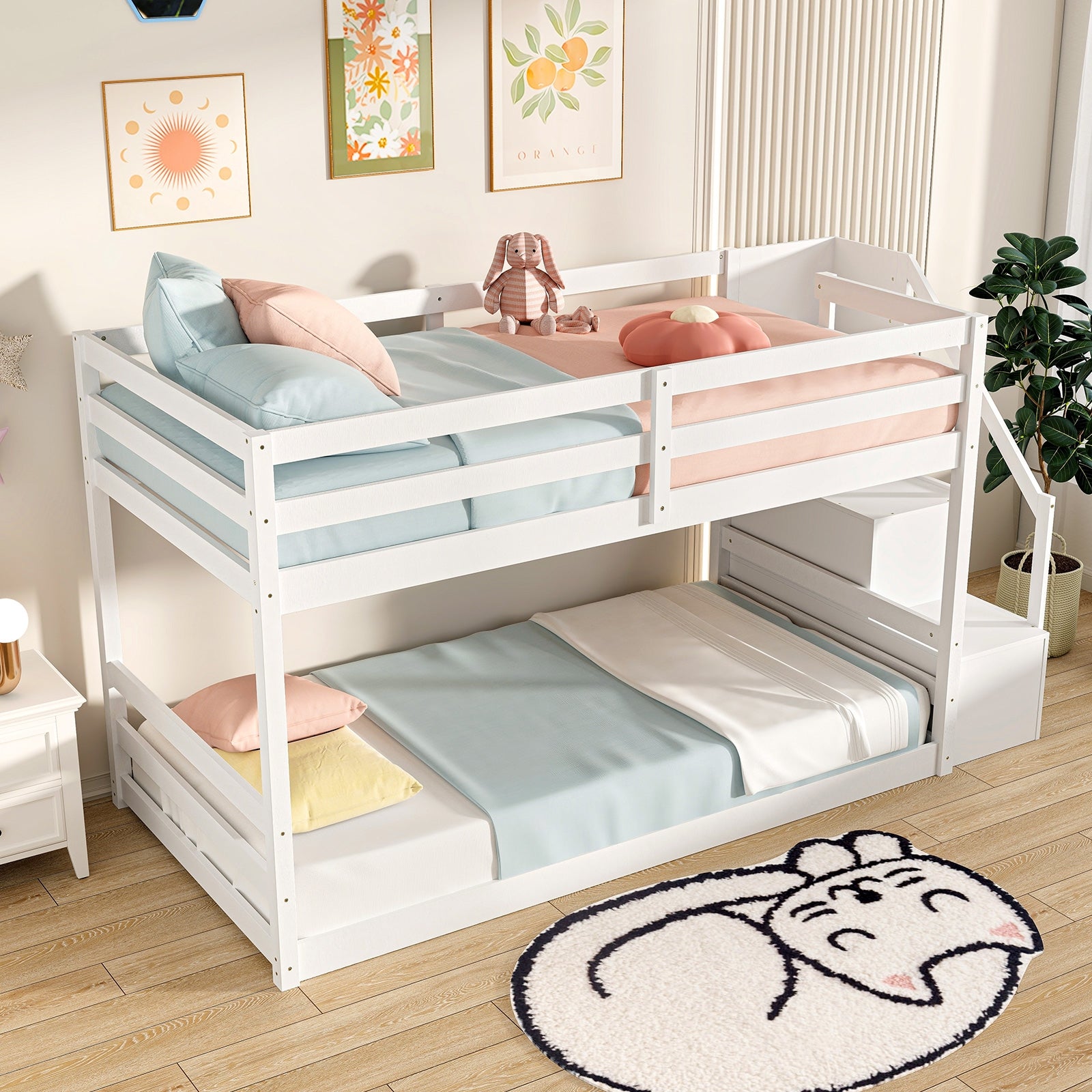 Twin Over Twin Low Bunk Bed With Storage Stairs, Solid Wood Frame, White Bunk Bed Frame at Gallery Canada