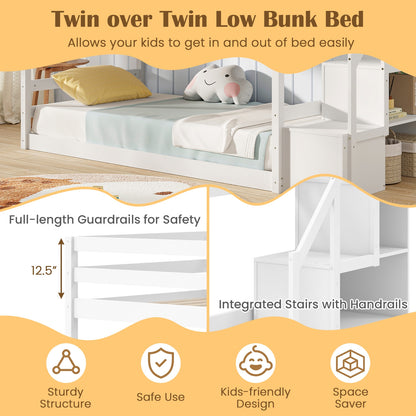 Twin Over Twin Low Bunk Bed With Storage Stairs, Solid Wood Frame, White Bunk Bed Frame at Gallery Canada