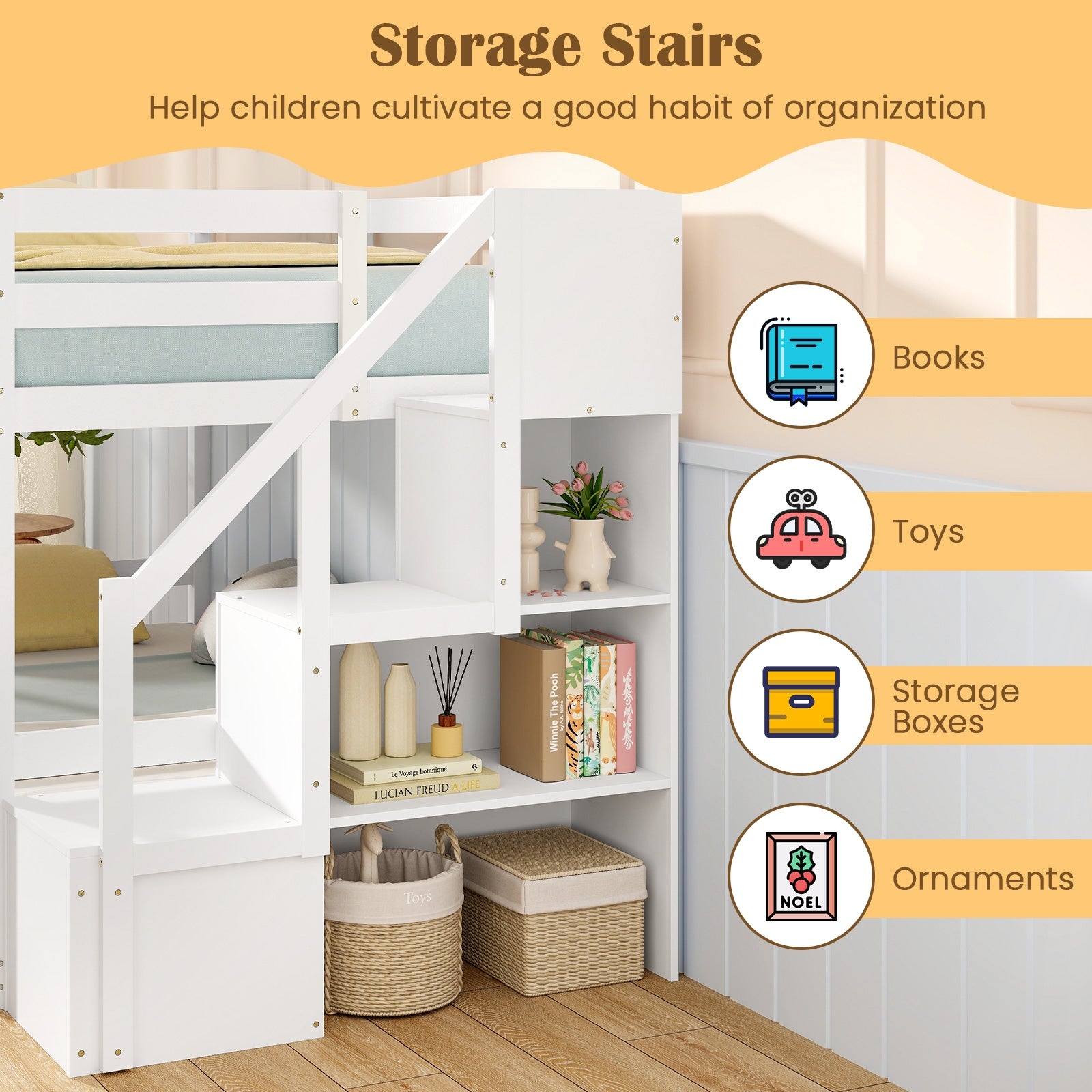 Twin Over Twin Low Bunk Bed With Storage Stairs, Solid Wood Frame, White Bunk Bed Frame at Gallery Canada