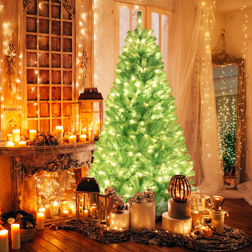 6/7 Ft Artificial Christmas Tree, 280/380 Warm White LED Lights, Foldable Metal Stand, Blue