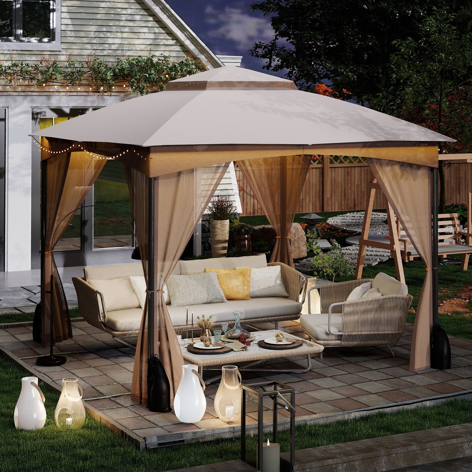 10 X 10 Ft Heavy-Duty Patio Gazebo, Netting Walls, 4 Sandbags, Khaki Gazebos at Gallery Canada