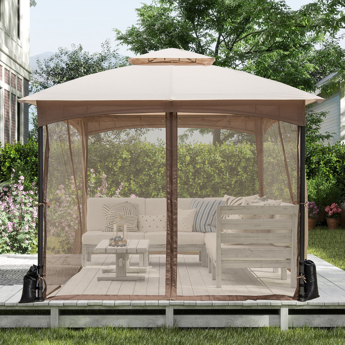 10 X 10 Ft Heavy-Duty Patio Gazebo, Netting Walls, 4 Sandbags, Khaki Gazebos at Gallery Canada