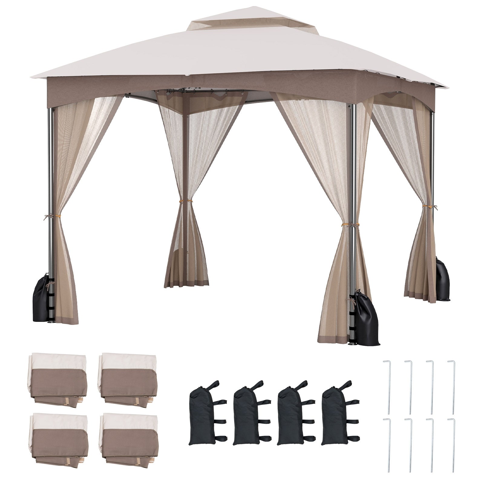 10 X 10 Ft Heavy-Duty Patio Gazebo, Netting Walls, 4 Sandbags, Khaki Gazebos at Gallery Canada