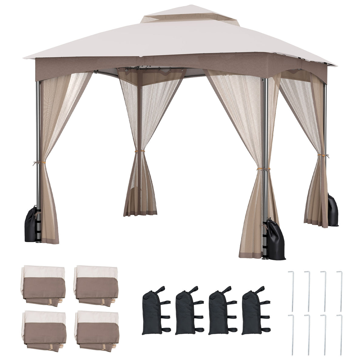 10 X 10 Ft Heavy-Duty Patio Gazebo, Netting Walls, 4 Sandbags, Khaki Gazebos at Gallery Canada