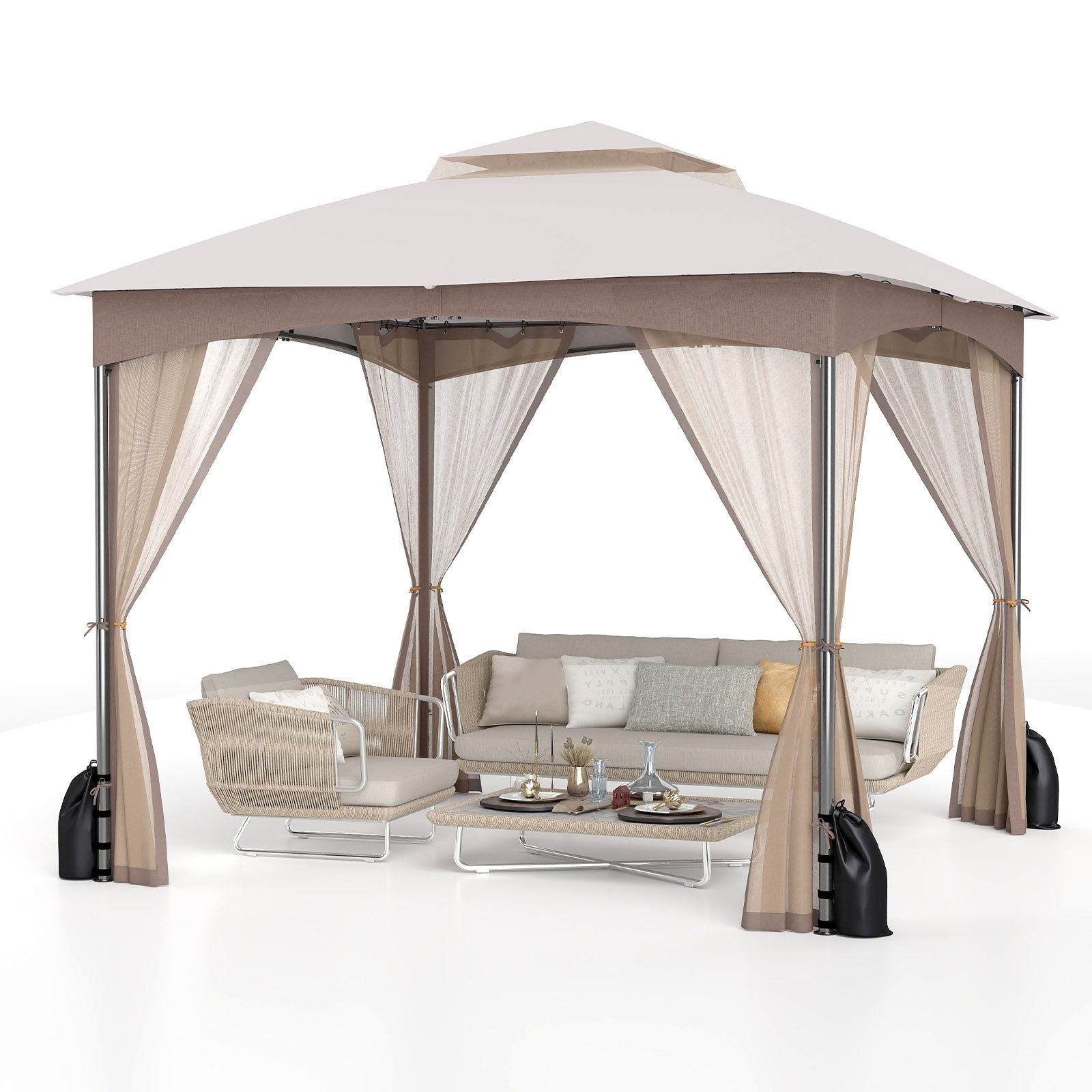 10 X 10 Ft Heavy-Duty Patio Gazebo, Netting Walls, 4 Sandbags, Khaki Gazebos at Gallery Canada