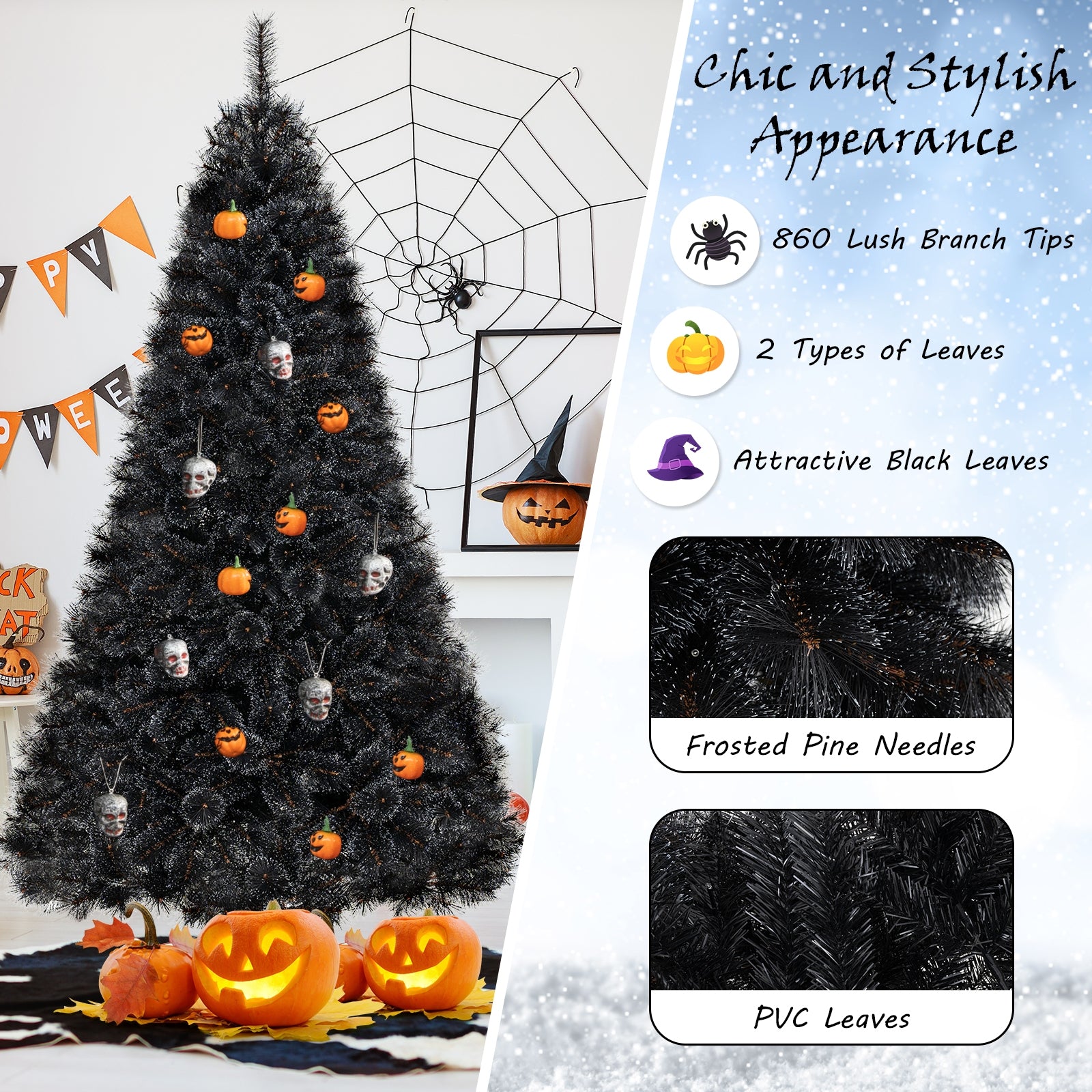 6/7/8 Feet Black Artificial Halloween Christmas Tree with PVC Branch Tips and 210/320/450 Cool White LED Lights-L, Black Christmas Tree at Gallery Canada