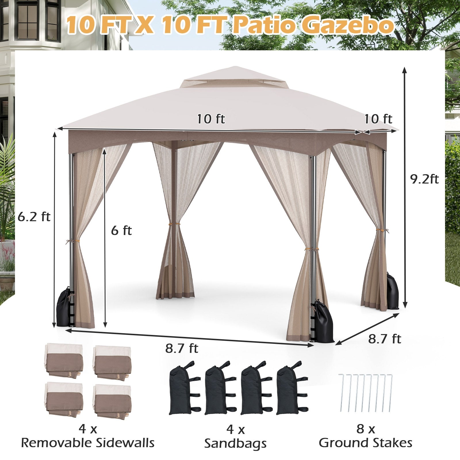 10 X 10 Ft Heavy-Duty Patio Gazebo, Netting Walls, 4 Sandbags, Khaki Gazebos at Gallery Canada