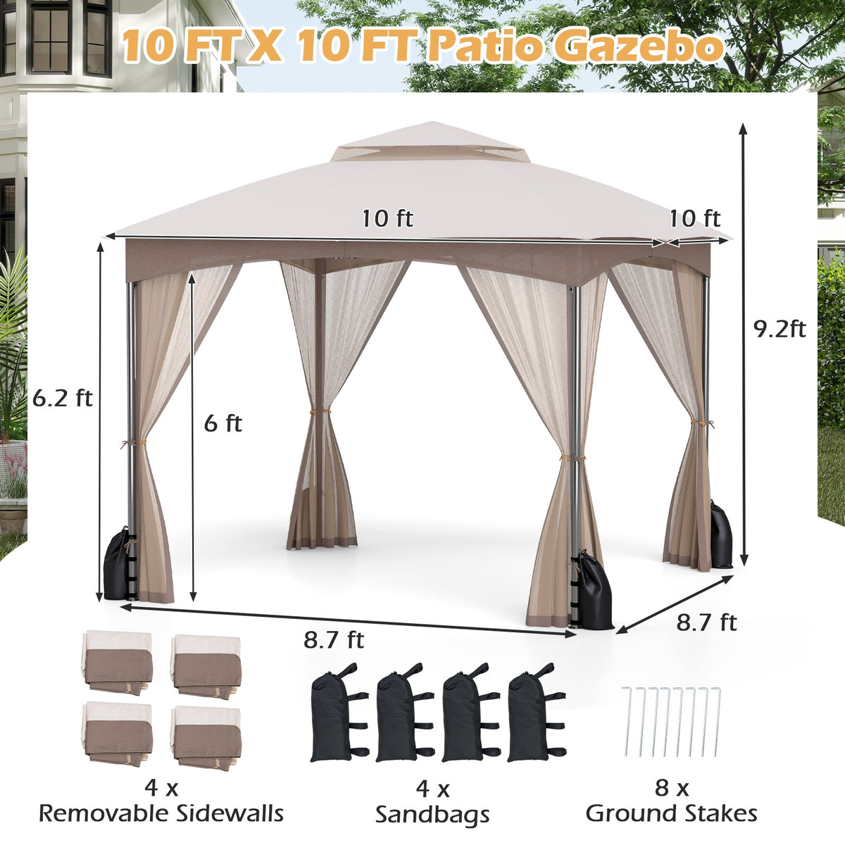 10 X 10 Ft Heavy-Duty Patio Gazebo, Netting Walls, 4 Sandbags, Khaki Gazebos at Gallery Canada