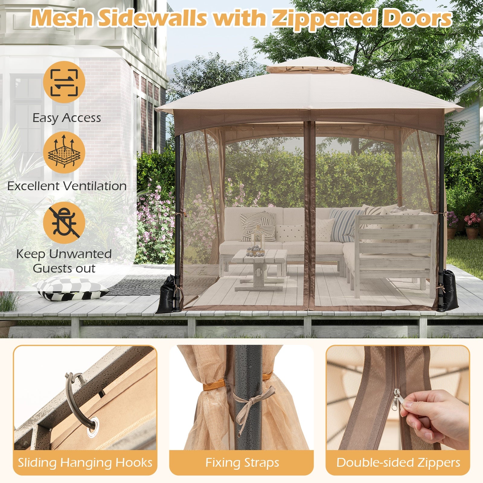10 X 10 Ft Heavy-Duty Patio Gazebo, Netting Walls, 4 Sandbags, Khaki Gazebos at Gallery Canada