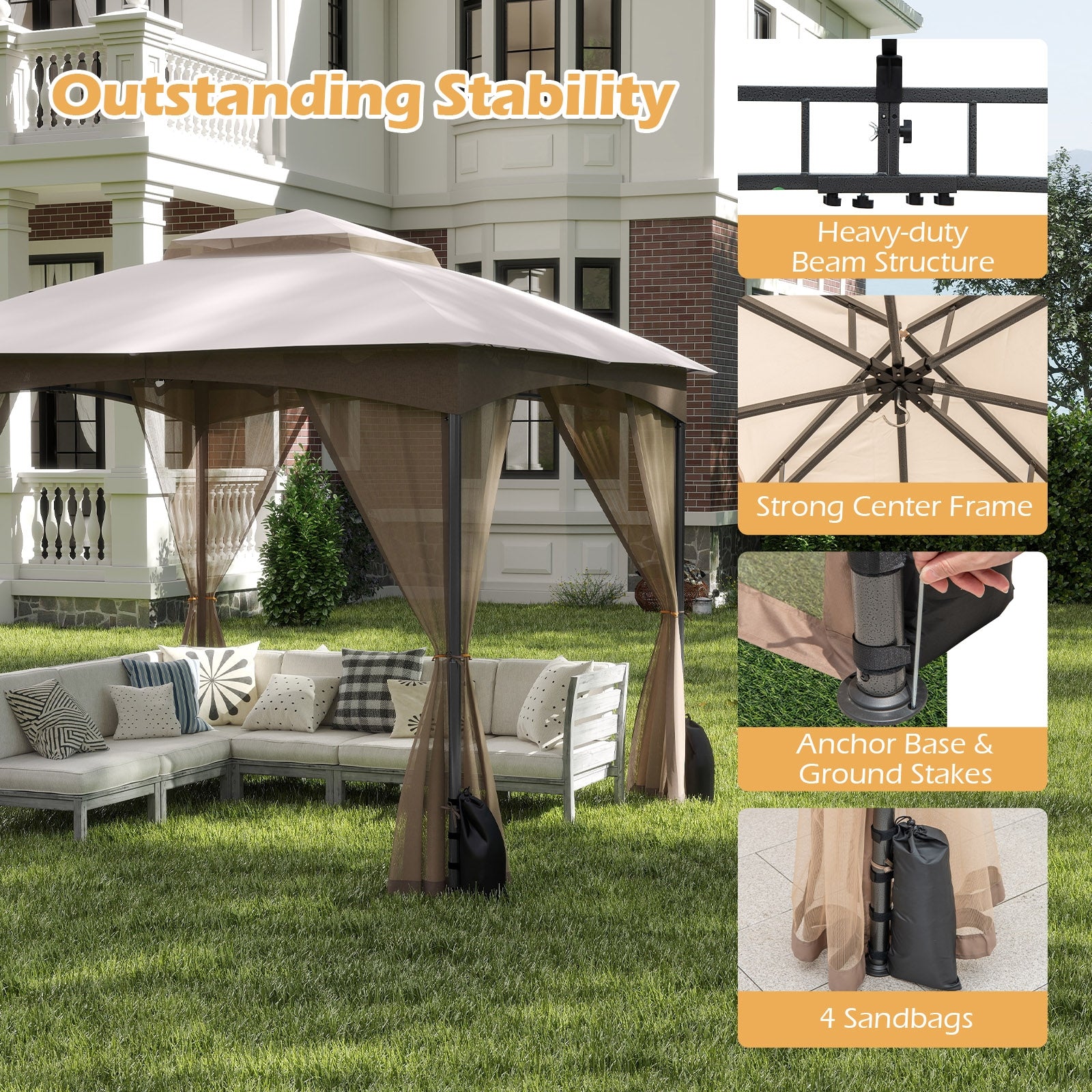 10 X 10 Ft Heavy-Duty Patio Gazebo, Netting Walls, 4 Sandbags, Khaki Gazebos at Gallery Canada