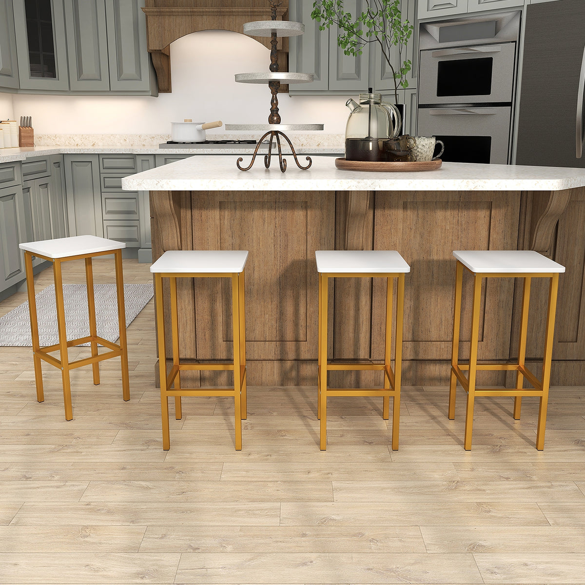 Set Of 4 Bar Stools, 26 Inch, Metal Legs With Footrest, White Bar Stools at Gallery Canada