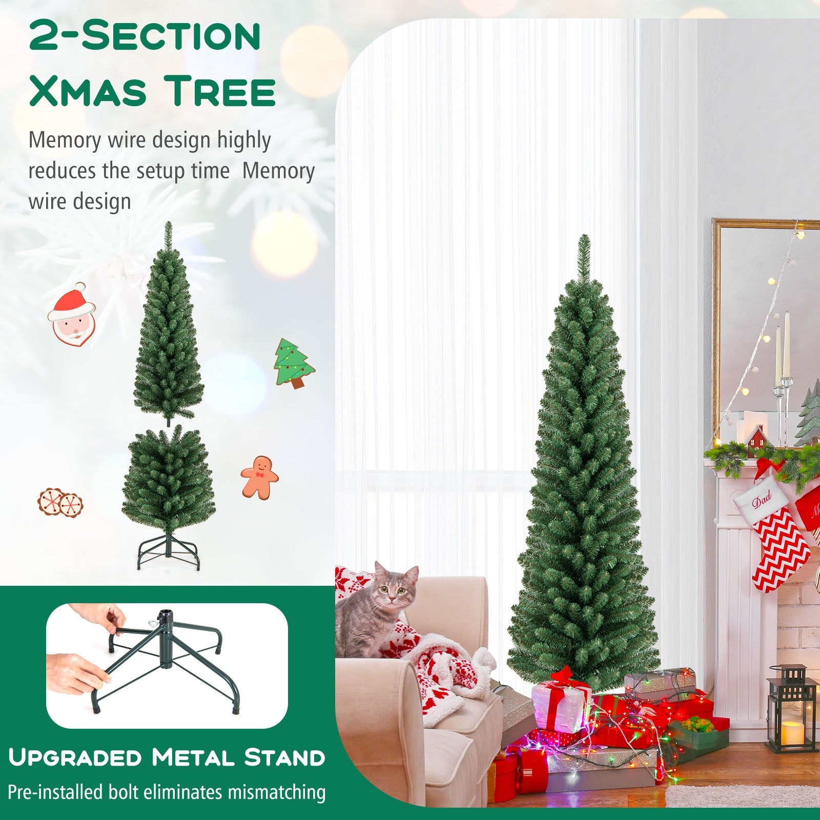 5 Feet Pencil Christmas Tree, Memory Wire Branch Tips, Metal Stand, Green Christmas Tree at Gallery Canada