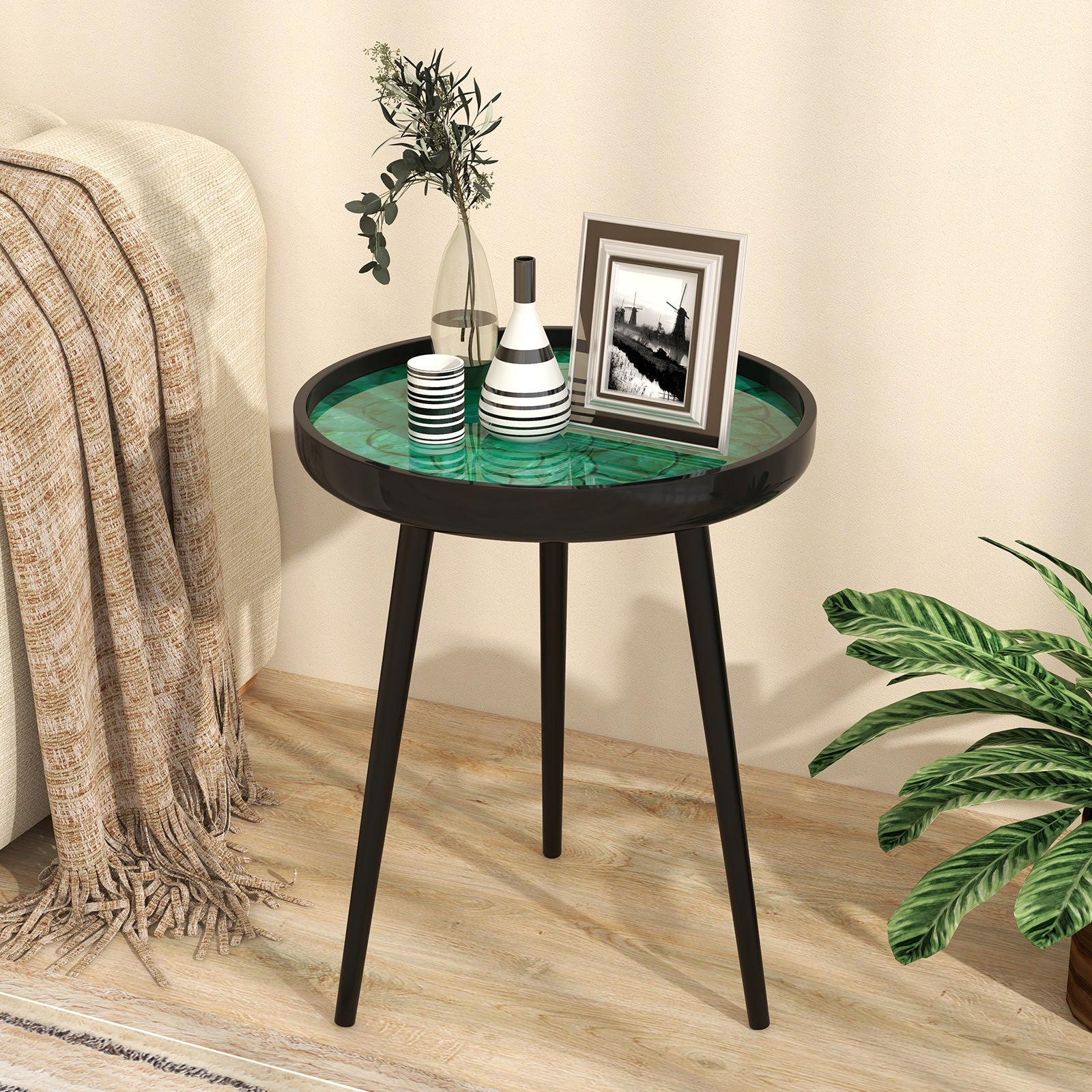 16 Inch Mid-Century Modern Coffee Table, Sea Shell Decoration, Green End & Side Tables at Gallery Canada