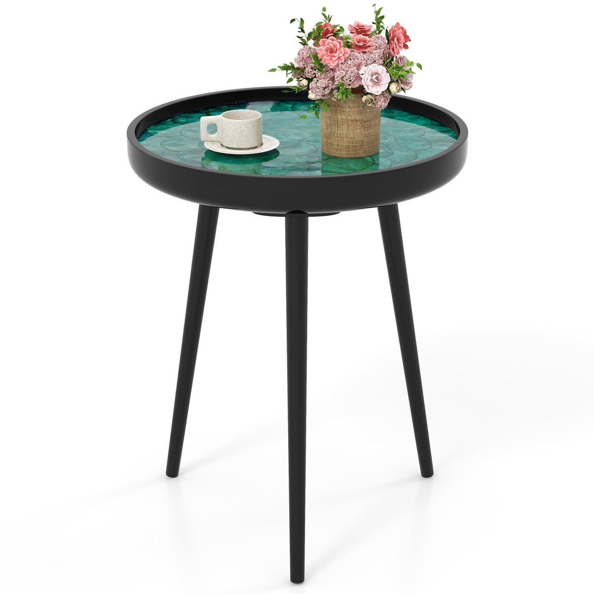 16 Inch Mid-Century Modern Coffee Table, Sea Shell Decoration, Green End & Side Tables at Gallery Canada