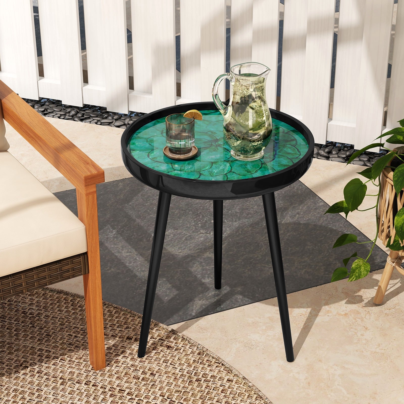 16 Inch Mid-Century Modern Coffee Table, Sea Shell Decoration, Green End & Side Tables at Gallery Canada
