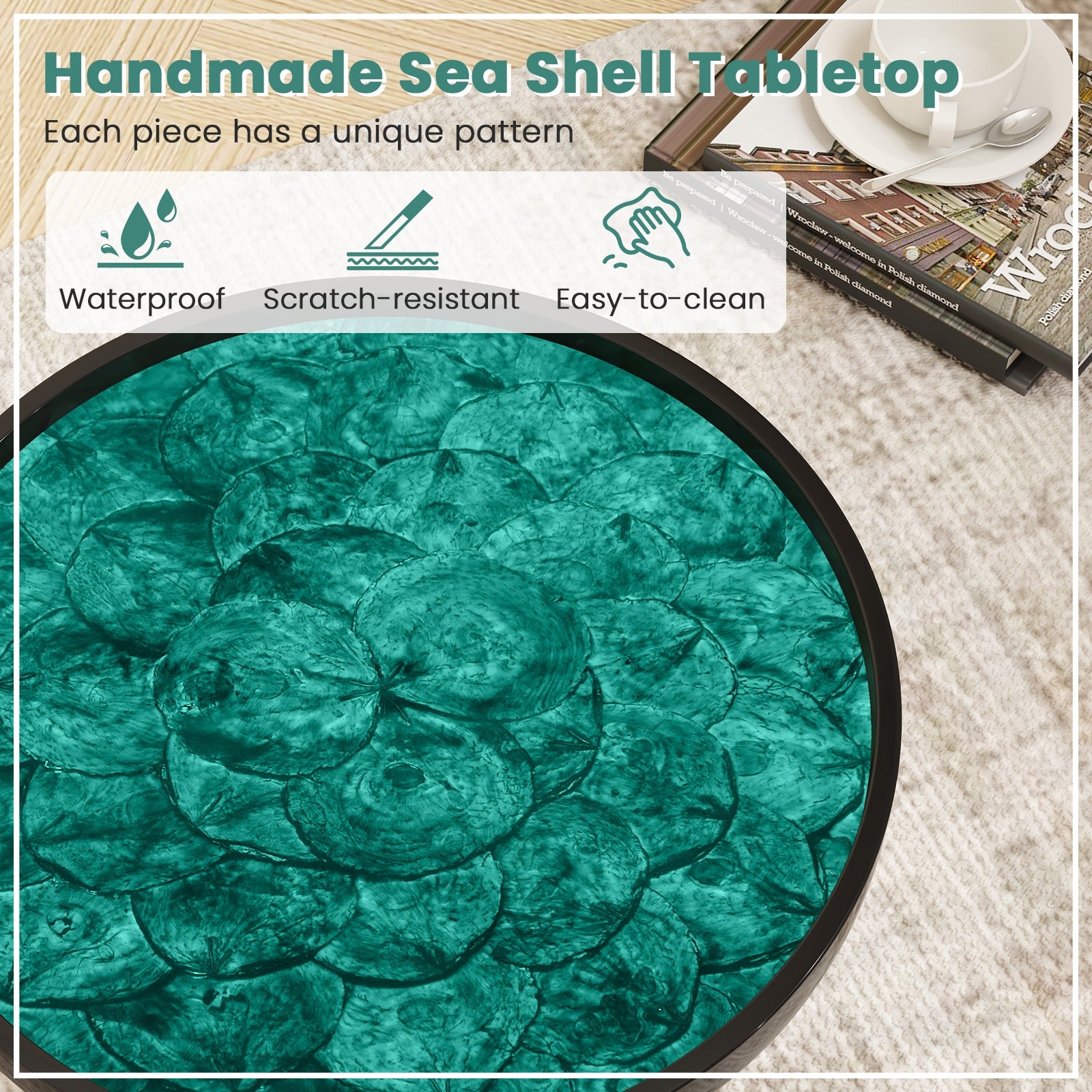16 Inch Mid-Century Modern Coffee Table, Sea Shell Decoration, Green End & Side Tables at Gallery Canada