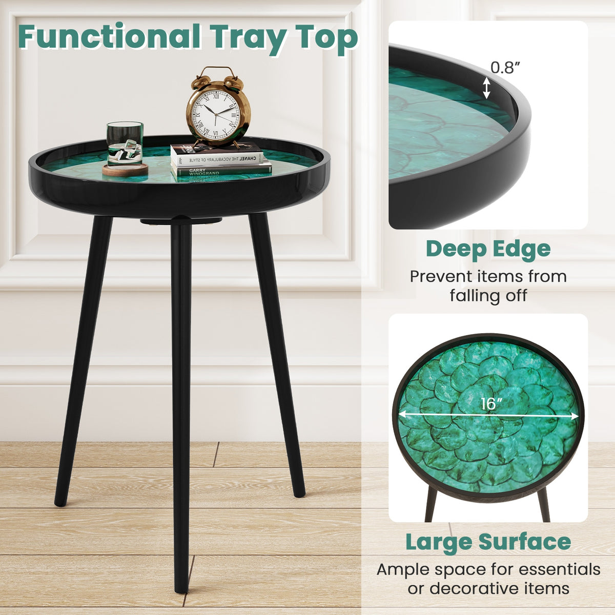 16 Inch Mid-Century Modern Coffee Table, Sea Shell Decoration, Green End & Side Tables at Gallery Canada