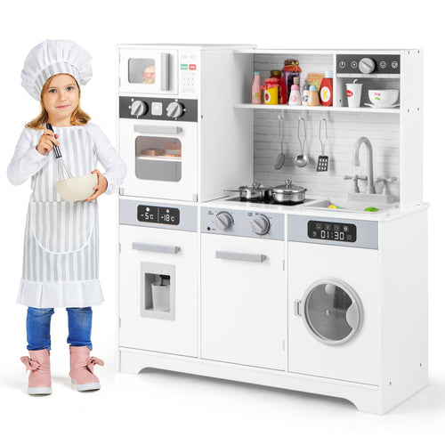 Wooden Toy Kitchen Playset With Real Lights, Sounds, White