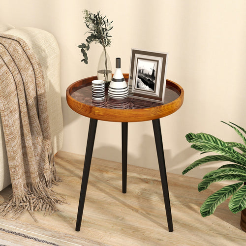 16 Inch Round End Table, Sea Shell Decoration, Epoxy Resin Finish, Brown