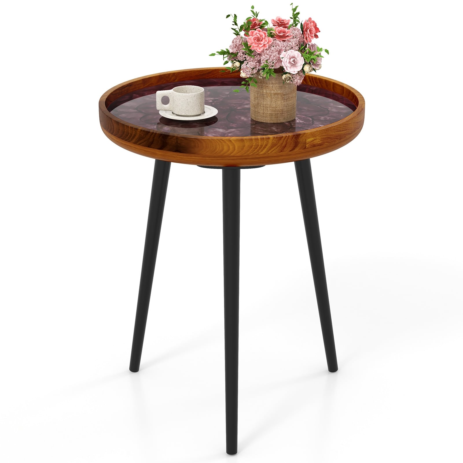 16 Inch Round End Table, Sea Shell Decoration, Epoxy Resin Finish, Brown End & Side Tables at Gallery Canada