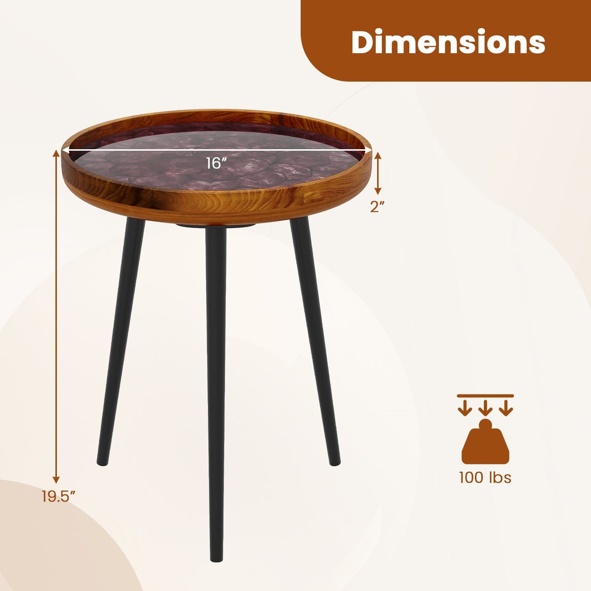 16 Inch Round End Table, Sea Shell Decoration, Epoxy Resin Finish, Brown End & Side Tables at Gallery Canada