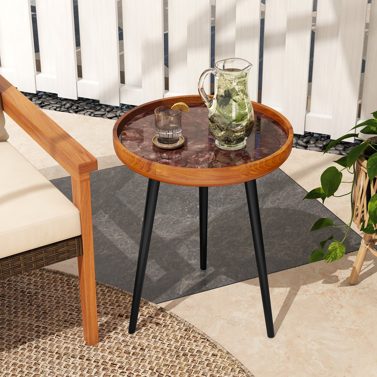 16 Inch Round End Table, Sea Shell Decoration, Epoxy Resin Finish, Brown End & Side Tables at Gallery Canada