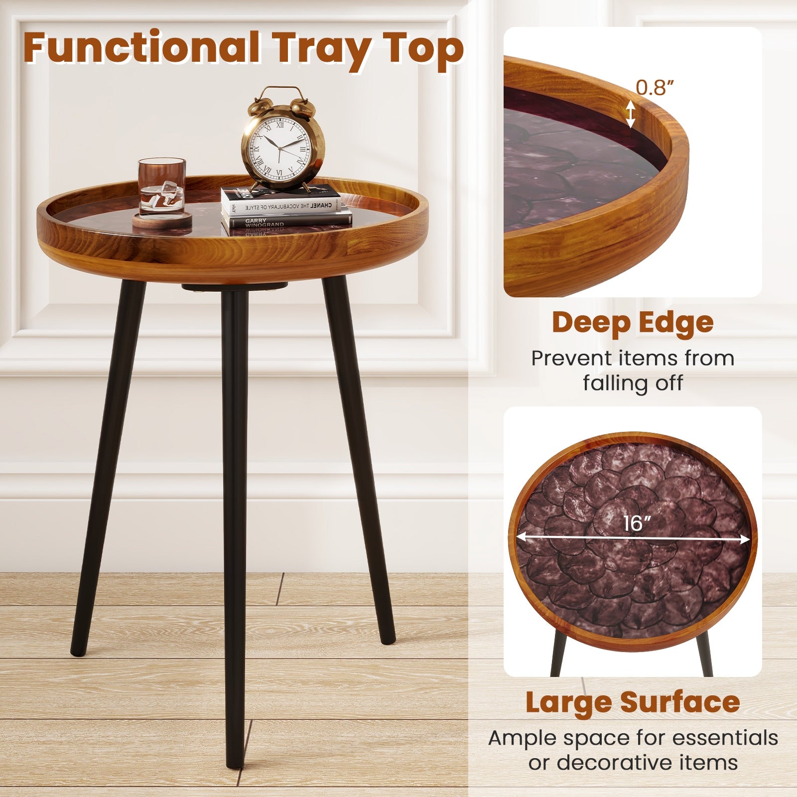 16 Inch Round End Table, Sea Shell Decoration, Epoxy Resin Finish, Brown End & Side Tables at Gallery Canada