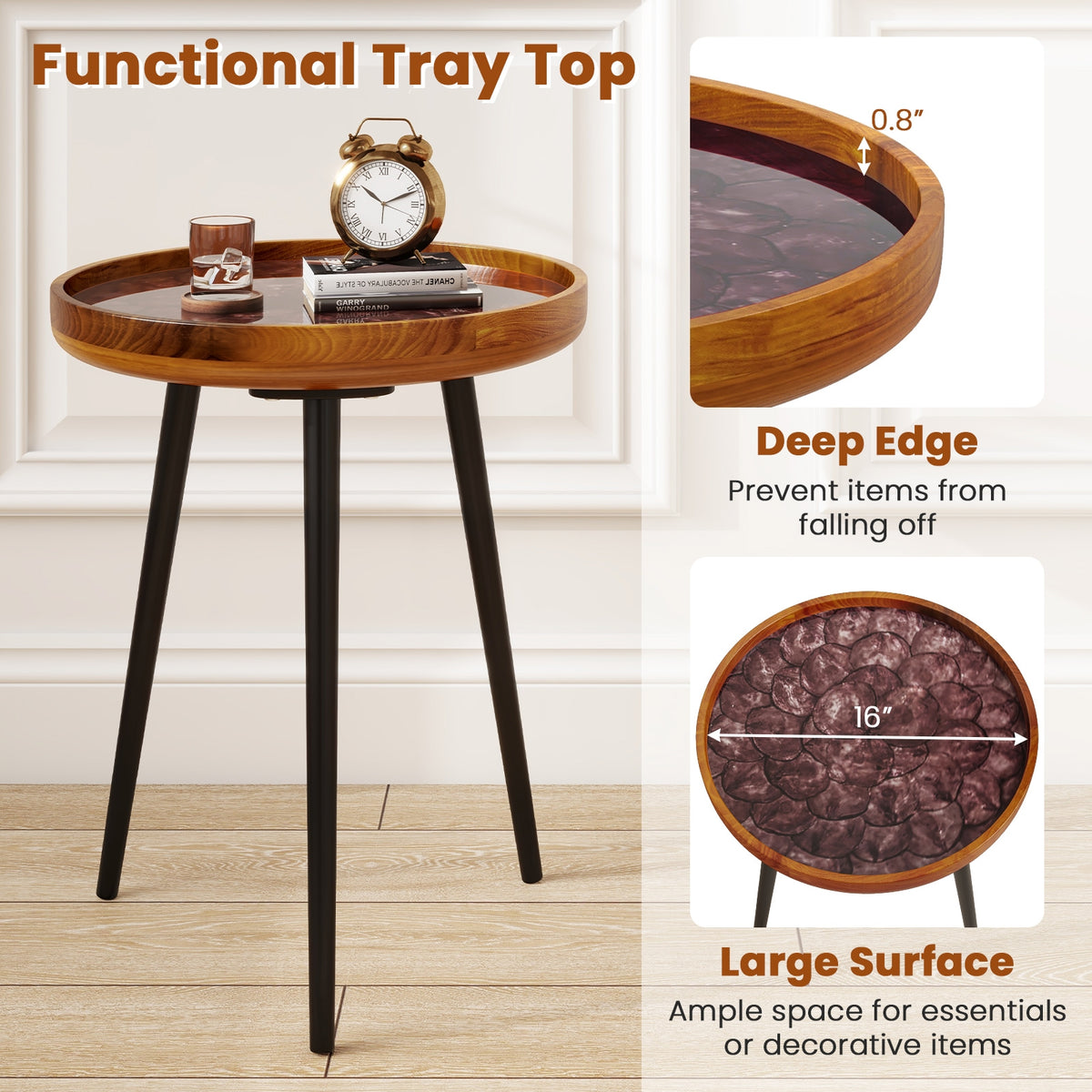 16 Inch Round End Table, Sea Shell Decoration, Epoxy Resin Finish, Brown End & Side Tables at Gallery Canada
