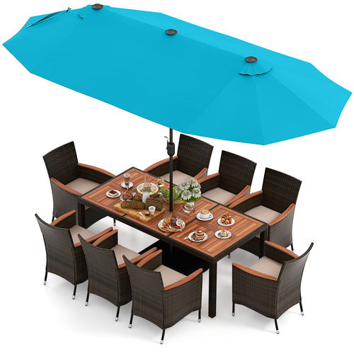 10 Piece Outdoor Dining Set, 15 Feet Double-Sided Patio Umbrella, Turquoise
