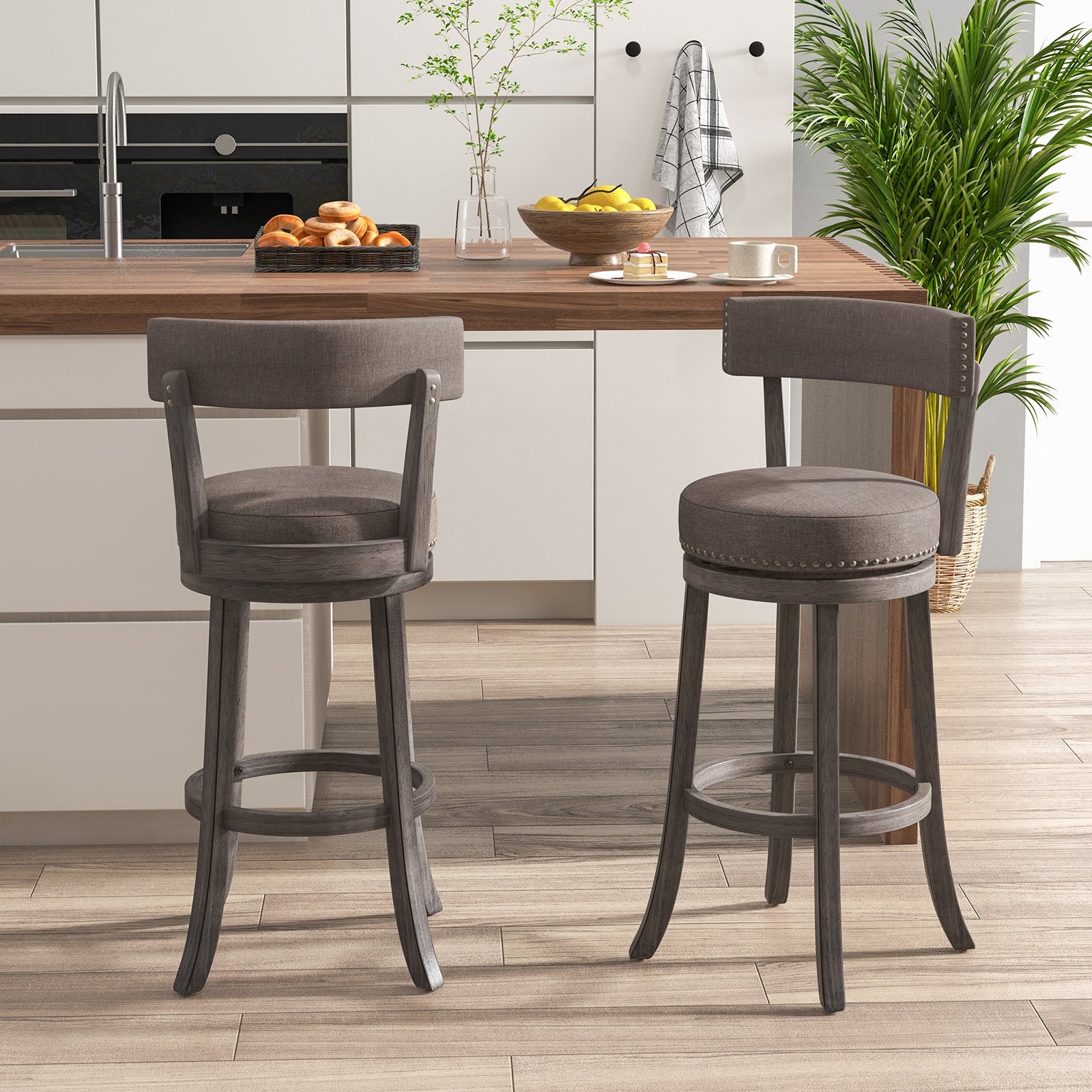 Set of 2 Counter Height Chairs, 360° Swivel Seat, Rubber Wood Frame, 29 Inches Bar Stools at Gallery Canada