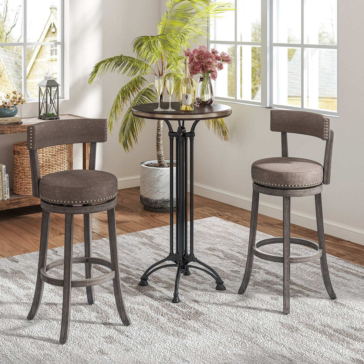 Set of 2 Counter Height Chairs, 360° Swivel Seat, Rubber Wood Frame, 29 Inches Bar Stools at Gallery Canada