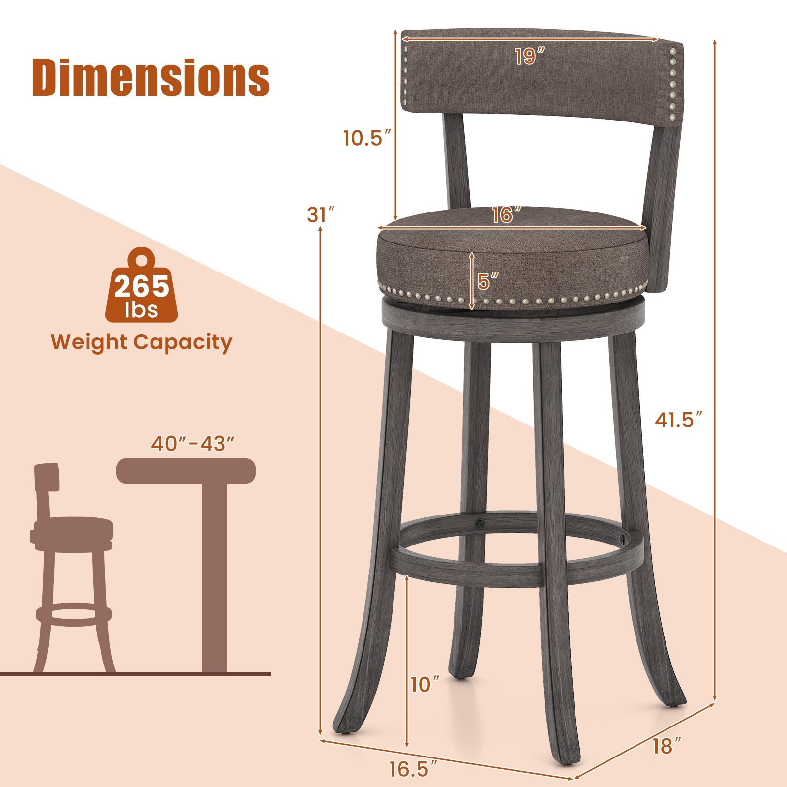 Set of 2 Counter Height Chairs, 360° Swivel Seat, Rubber Wood Frame, 29 Inches Bar Stools at Gallery Canada