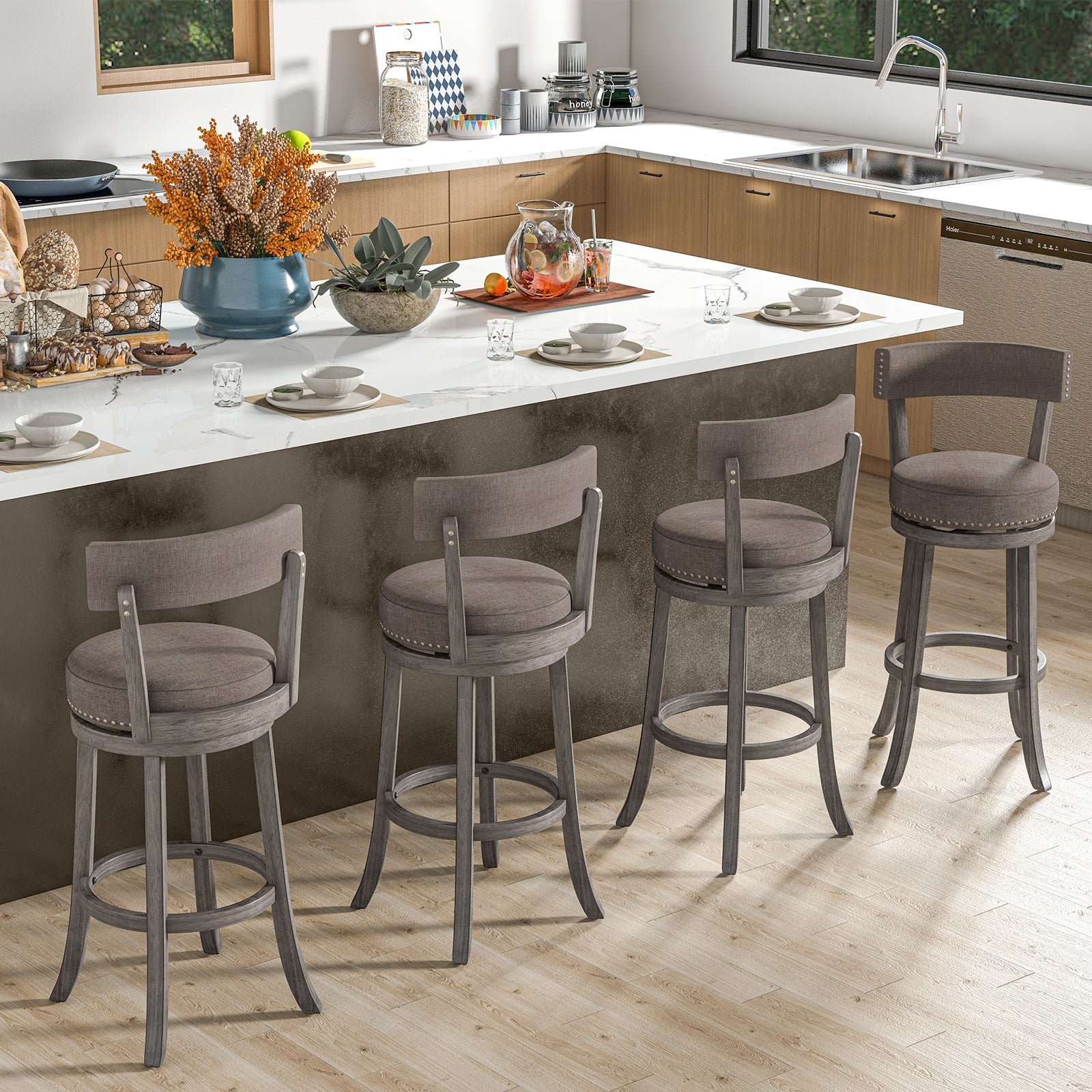 Set of 2 Counter Height Chairs, 360° Swivel Seat, Rubber Wood Frame, 29 Inches Bar Stools at Gallery Canada