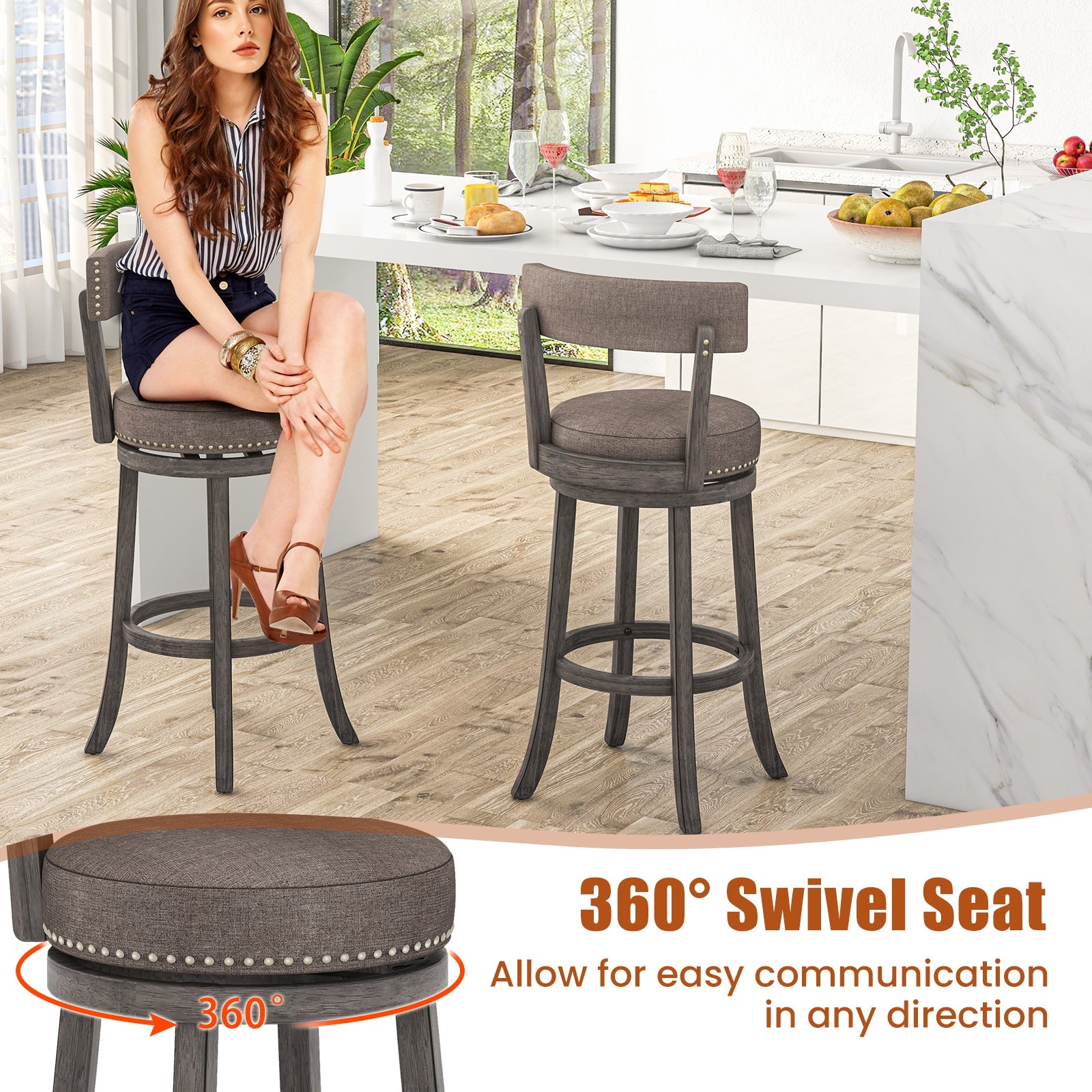 Set of 2 Counter Height Chairs, 360° Swivel Seat, Rubber Wood Frame, 29 Inches Bar Stools at Gallery Canada