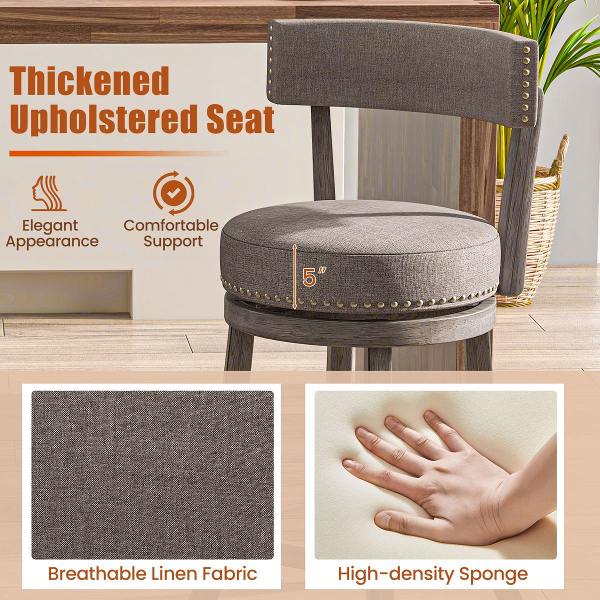 Set of 2 Counter Height Chairs, 360° Swivel Seat, Rubber Wood Frame, 29 Inches Bar Stools at Gallery Canada