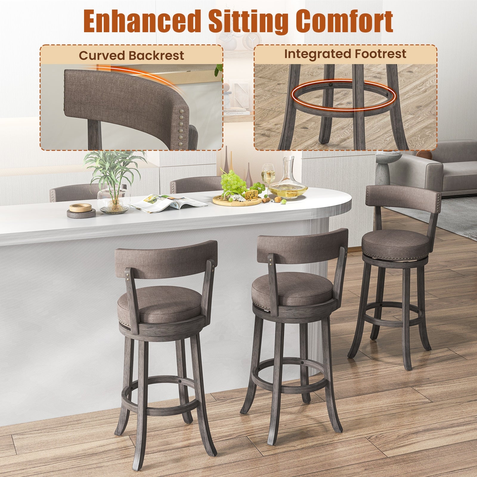 Set of 2 Counter Height Chairs, 360° Swivel Seat, Rubber Wood Frame, 29 Inches Bar Stools at Gallery Canada