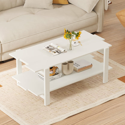 2-Tier Slatted Wood Coffee Table, With Storage Shelf, White Coffee Tables at Gallery Canada