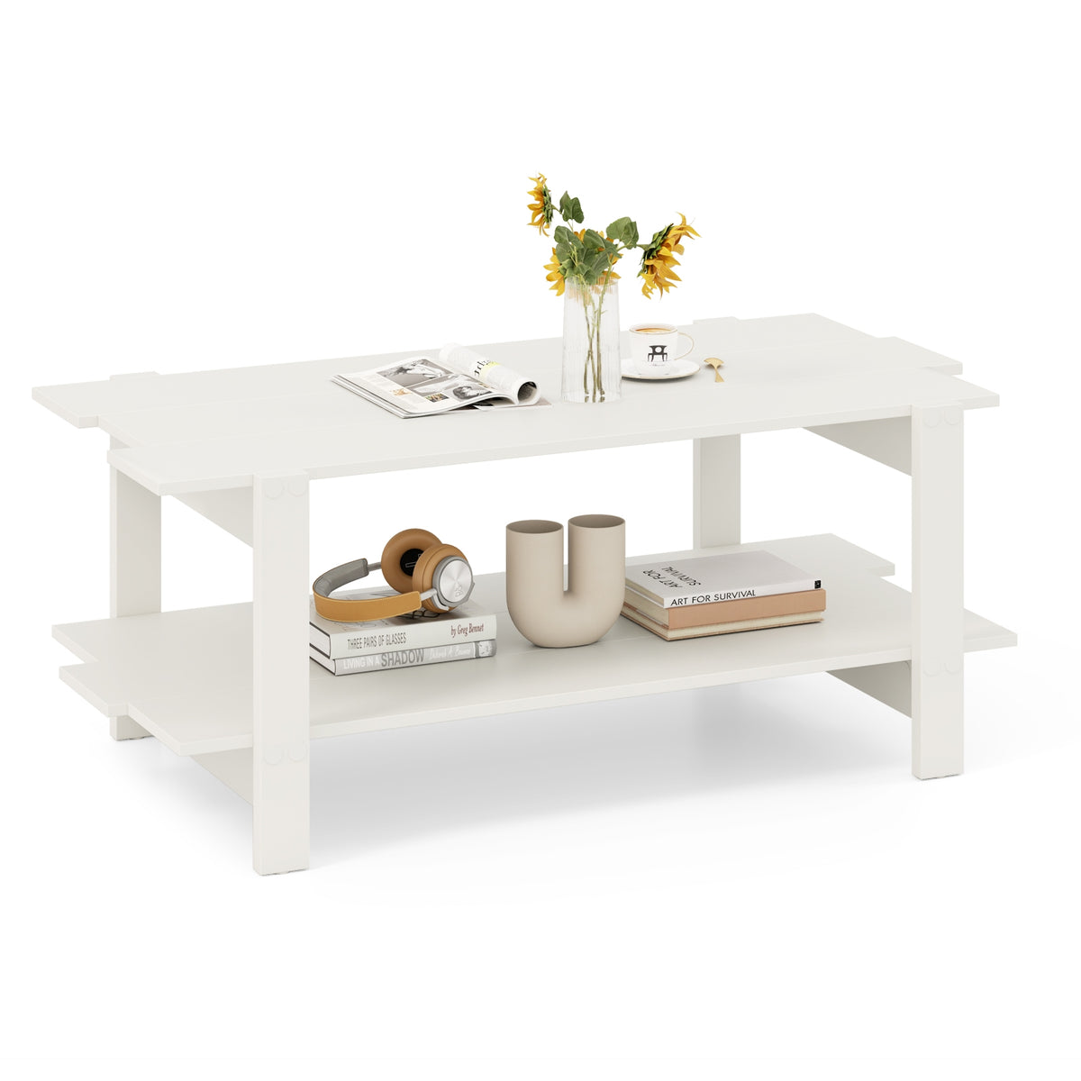2-Tier Slatted Wood Coffee Table, With Storage Shelf, White Coffee Tables White at Gallery Canada