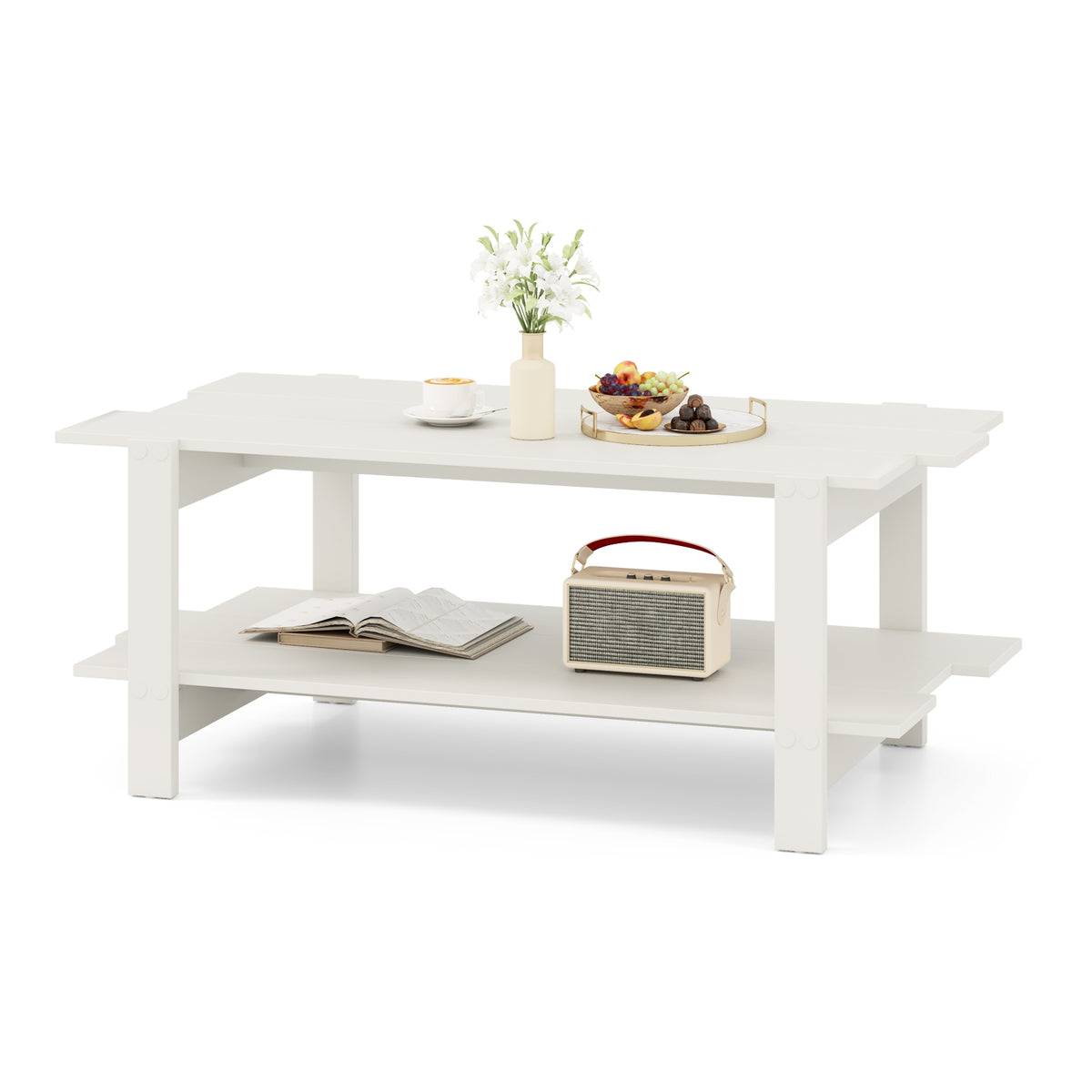 2-Tier Slatted Wood Coffee Table, With Storage Shelf, White Coffee Tables at Gallery Canada
