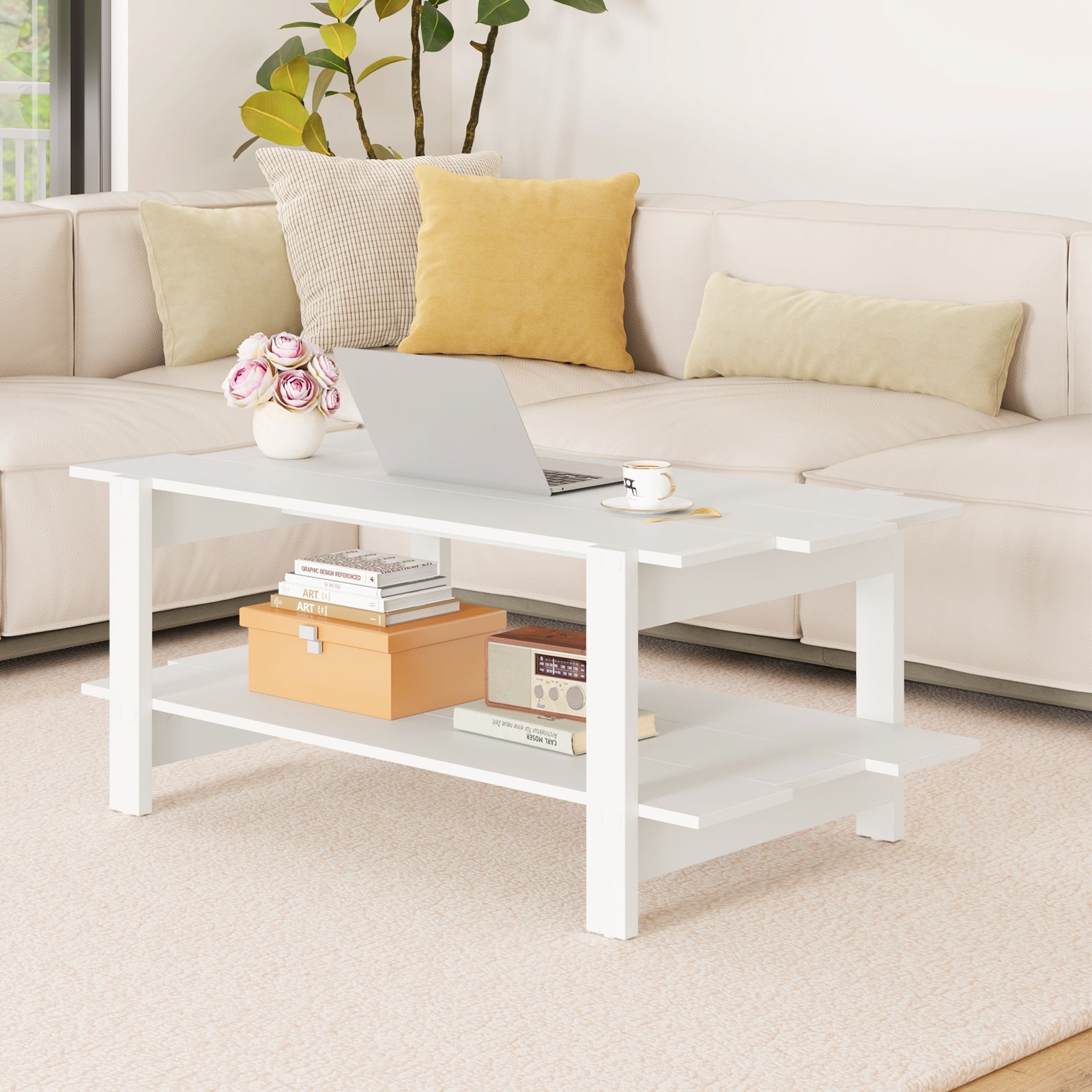 2-Tier Slatted Wood Coffee Table, With Storage Shelf, White Coffee Tables at Gallery Canada