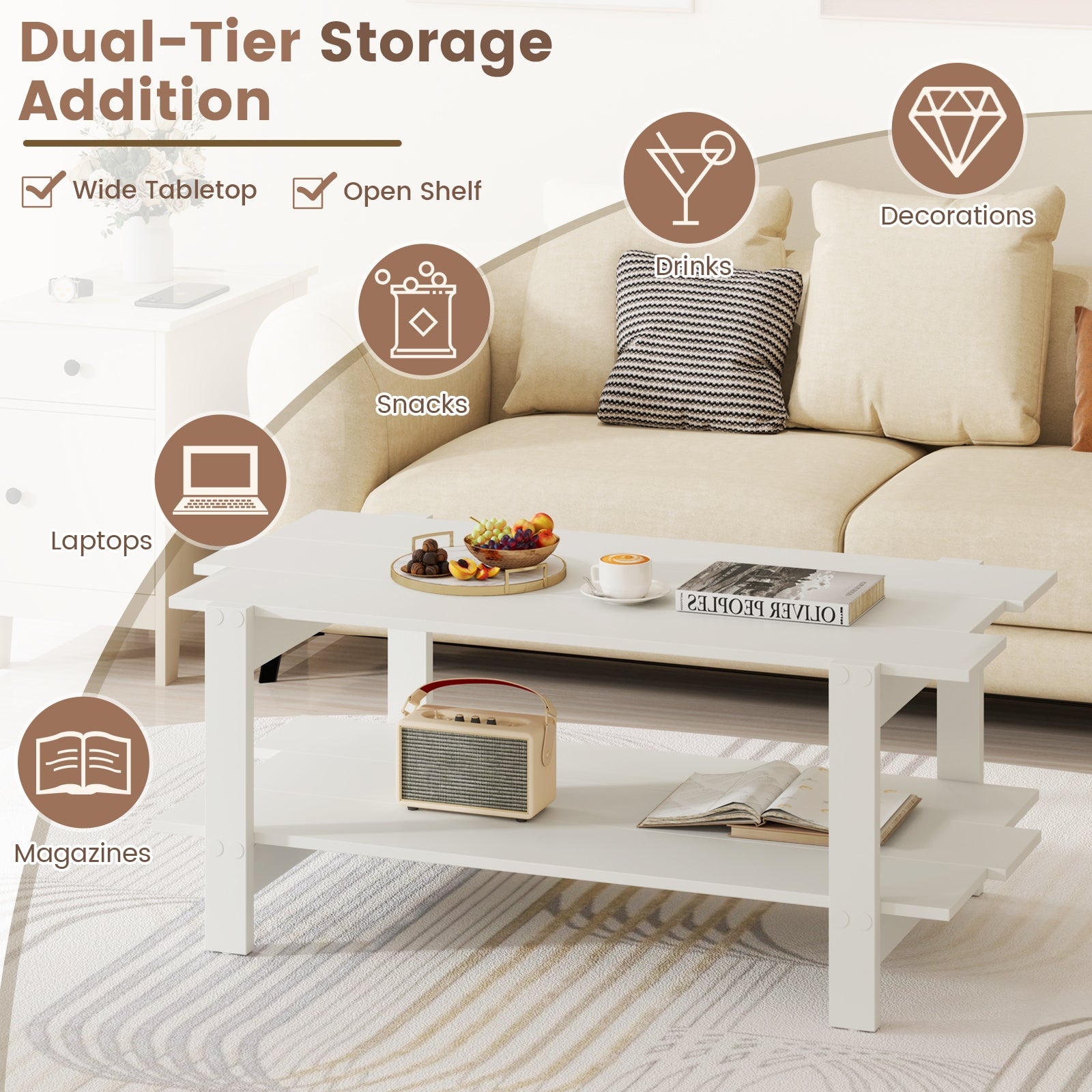 2-Tier Slatted Wood Coffee Table, With Storage Shelf, White Coffee Tables at Gallery Canada