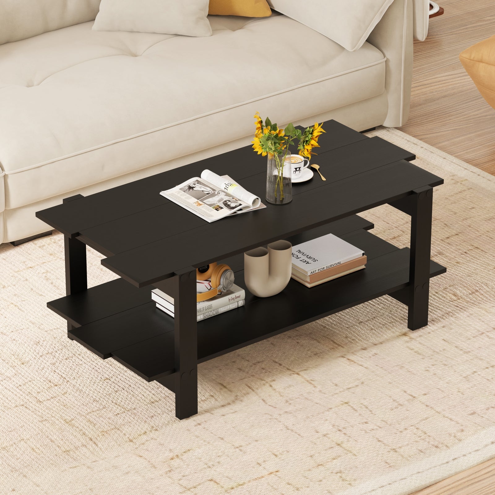 2-Tier Slatted Wood Coffee Table With Storage Shelf, Black Coffee Tables at Gallery Canada