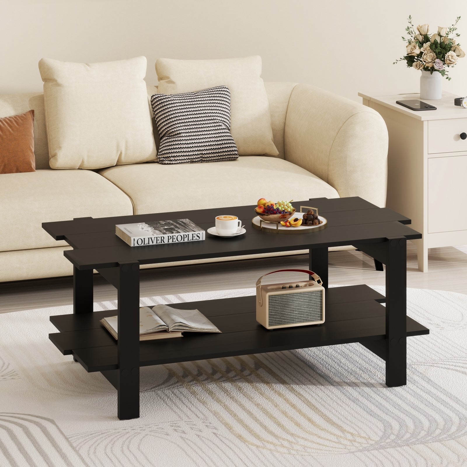 2-Tier Slatted Wood Coffee Table With Storage Shelf, Black Coffee Tables at Gallery Canada