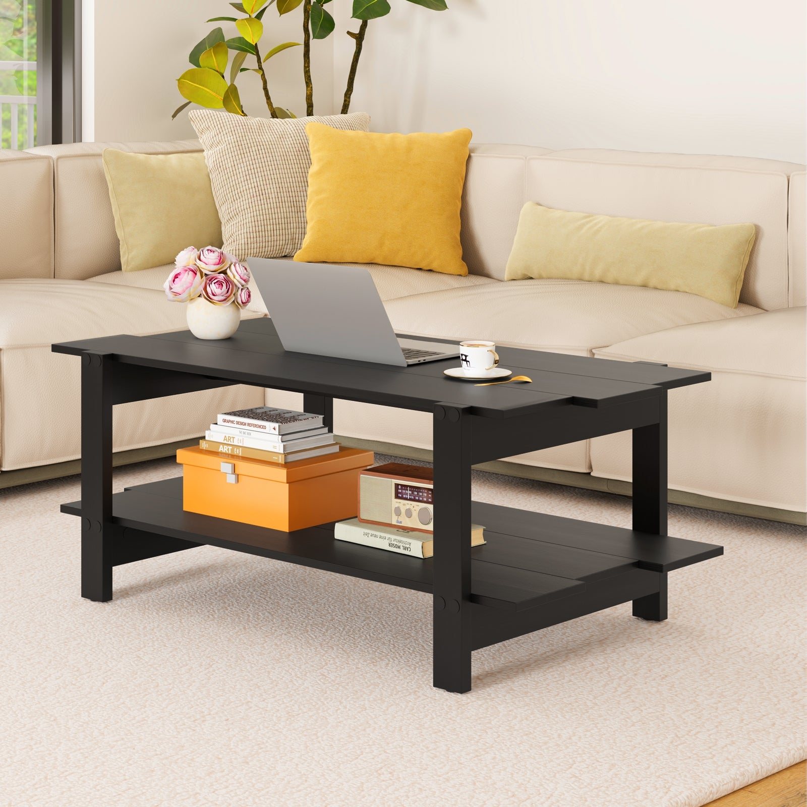 2-Tier Slatted Wood Coffee Table With Storage Shelf, Black Coffee Tables at Gallery Canada